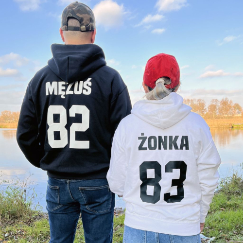 Rozpinane bluzy dla par z kapturem Mężuś Żonka